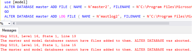 This screenshot shows that an attempt to add either a data file or log file to the master database will result in an error.