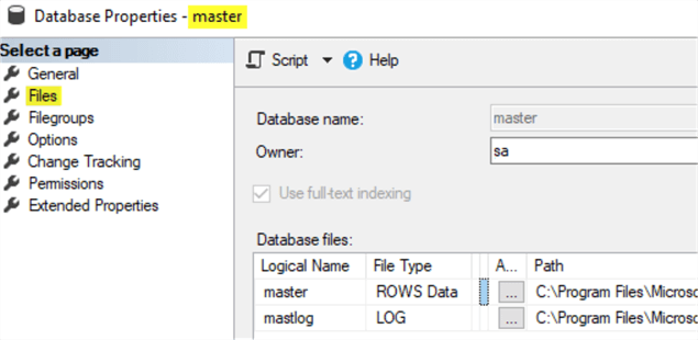 The "Files" pane of the master database properties window shows the 2 files that make up the master database.