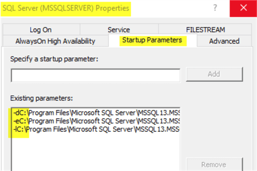 This screenshot shows the service properties window from within the SQL Server configuration manager.  It lists the start up parameters for SQL Server including the master database data and log files.