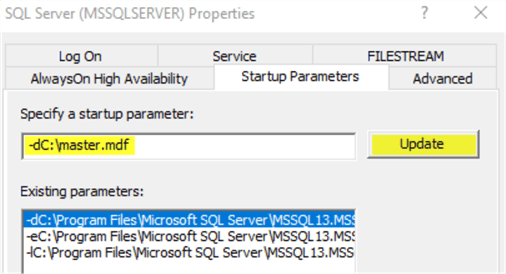 This screenshot shows the startup parameters tab of the SQL Server service with the "Update" button highlighted.