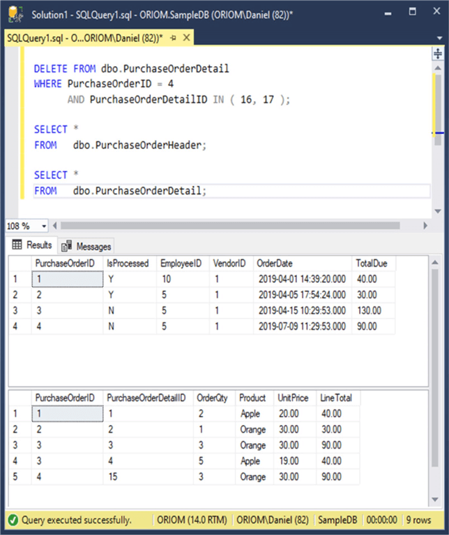Testing trigger after delete 2 State of test tables after executing the delete statement.