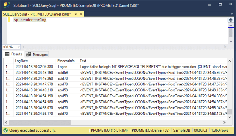 Screen capture of the SQL Server error log.