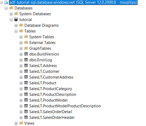 ssms connected to azure sql db, showing tables