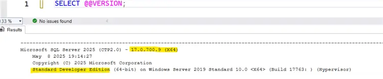 SQL Server 2025 version info