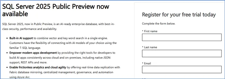 Register for free trial of SQL Server 2025
