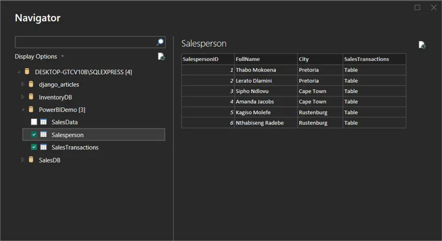 DirectQuery data source navigator