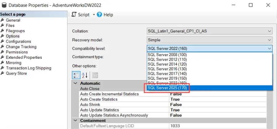 setting compat level using SSMS 21