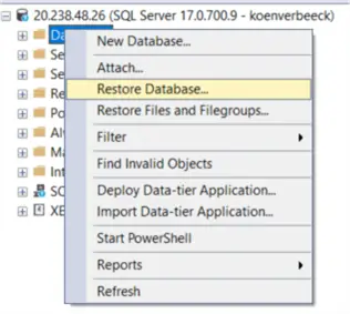restore database in databases context menus