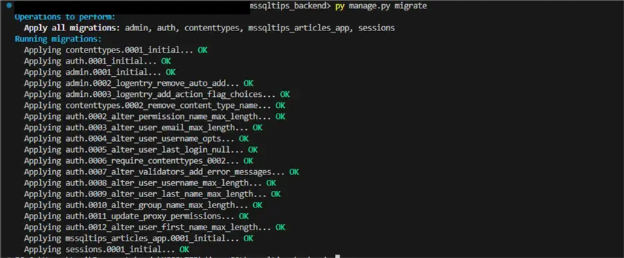 running migrate command on terminal