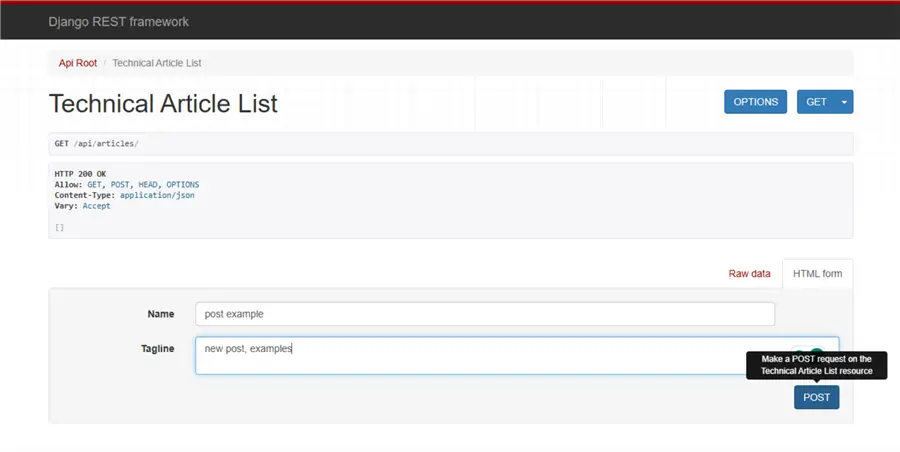 Django API UI: Inserting model data with a Post request.