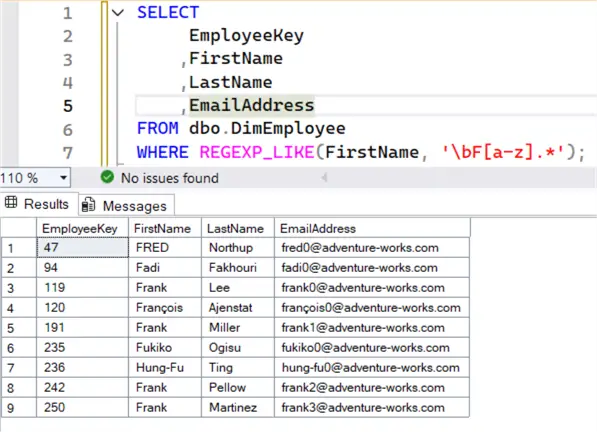 regex returning all first names starting with F