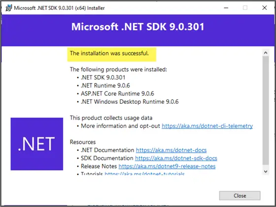 Microsoft .NET SDK 9.0.301 Successful installation screenshot