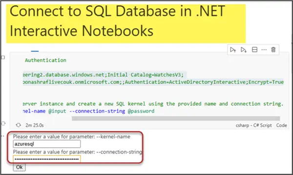 Inputting kernel name azuresql and connection string to connect to the desired Azure SQL Database