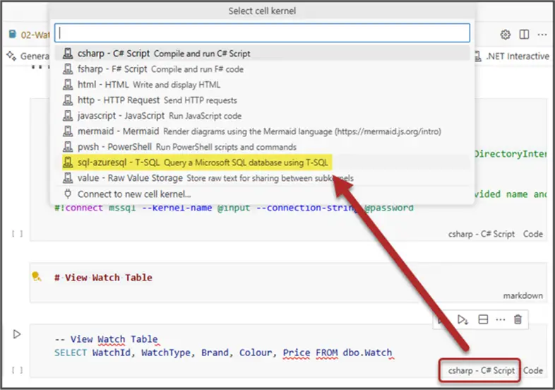 Selecting sql-azuresql kernel  To run queries directly against database