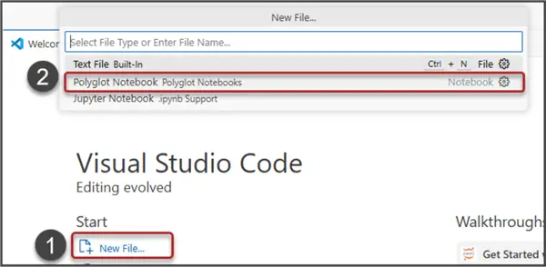 Creating First Polyglot Notebook in VS Code New File from Start and then selecting Polyglot Notebook