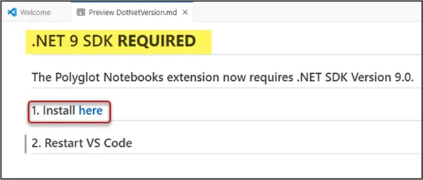 .NET 9 SDK Required Clicking on Install here to install it