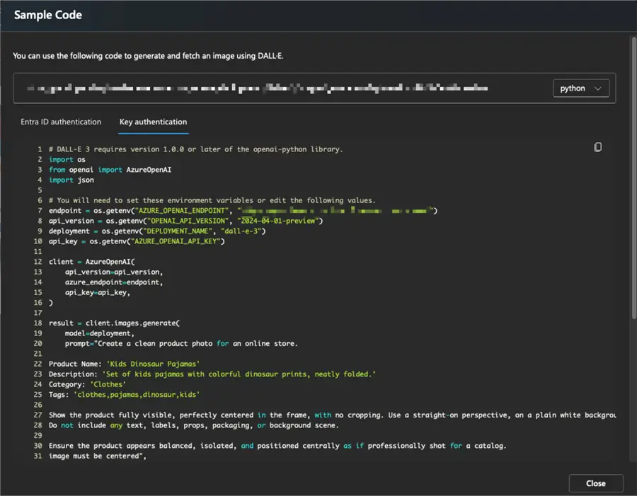 obtaining Azure openAI generation code