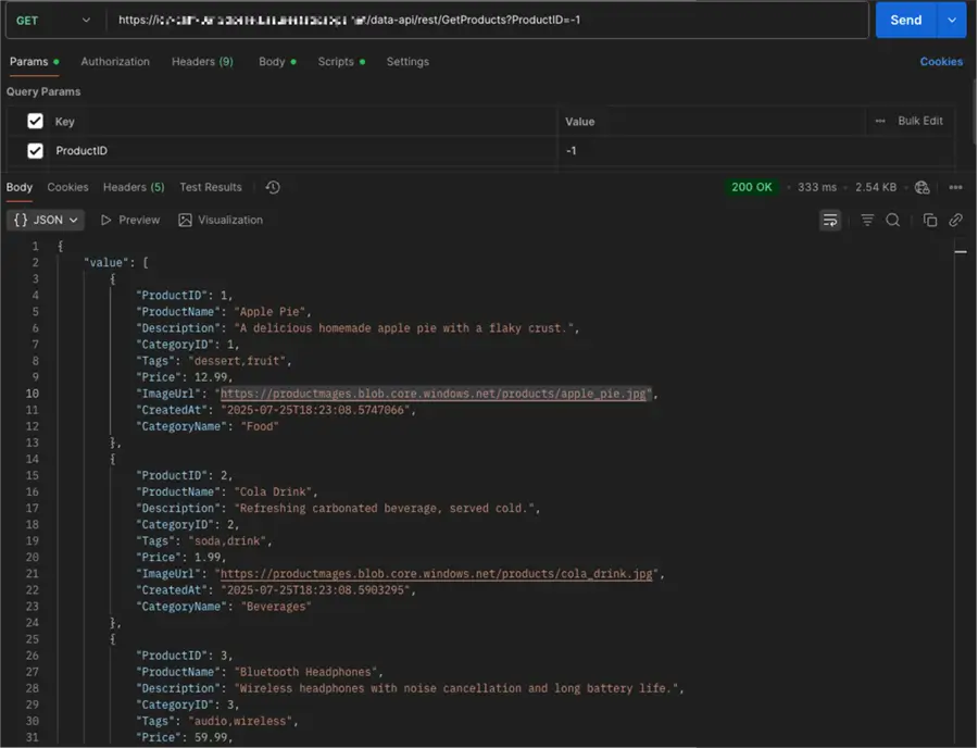 Data API call to get products