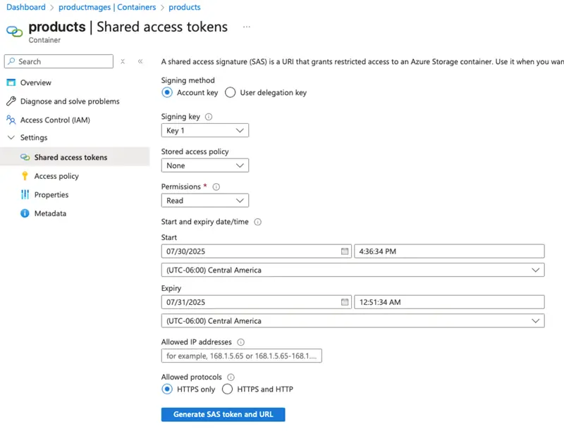 generate a SAS token for azure blob storage