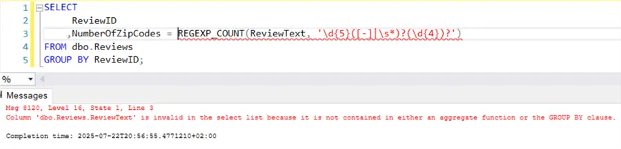 regexp_count gives an error when used with a group by clause