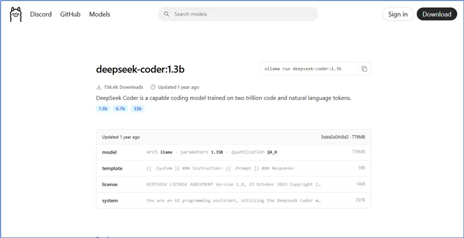 LLM deepseek-code:1.3b