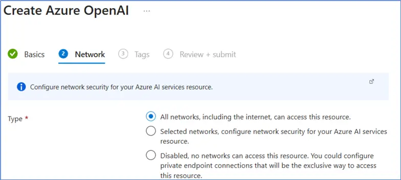 Create Azure OpenAI, Network security settings