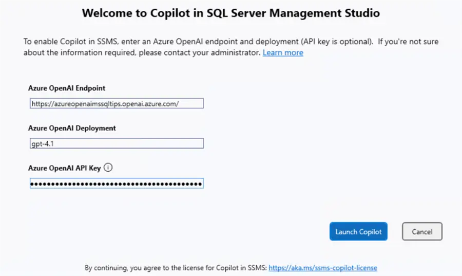 SSMS Copilot configuration