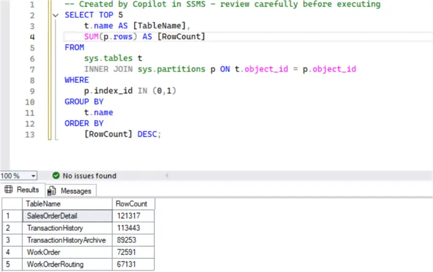 Query and result provided by chat