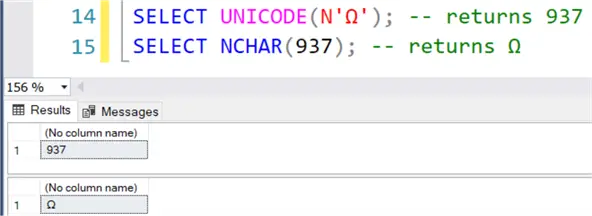 unicode and nchar function for the omega character