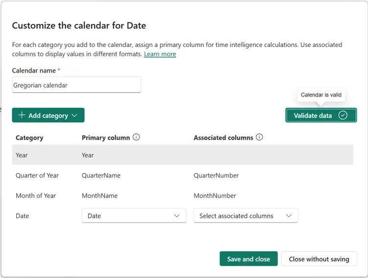A screenshot showing how to define a Gregorian calendar for calendar-based time intelligence