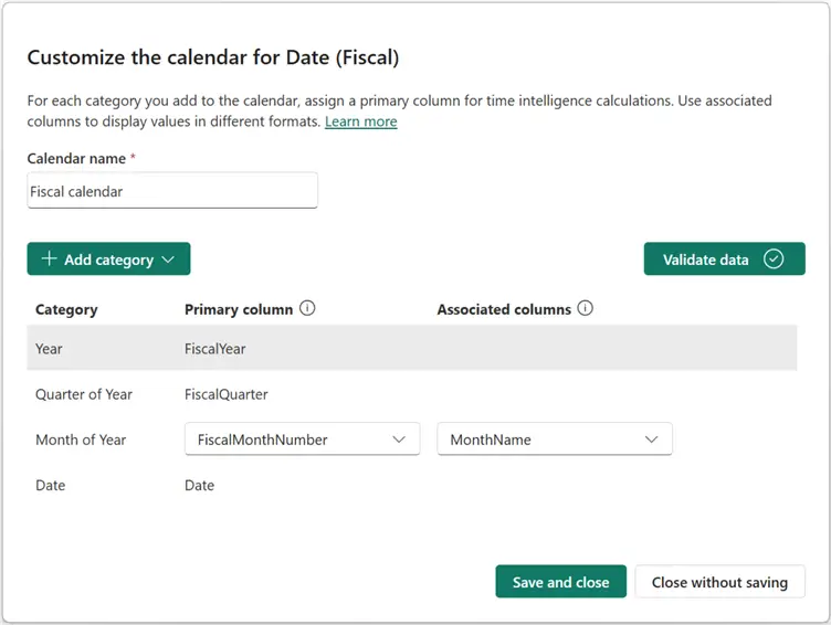 A screenshot showing how to define a Fiscal calendar for calendar-based time intelligence