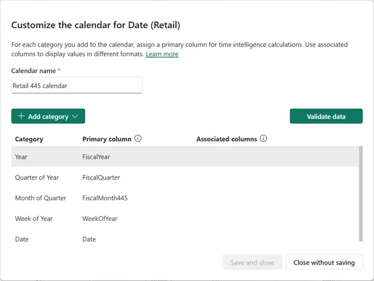 A screenshot showing how to define a Retail 445 calendar for calendar-based time intelligence