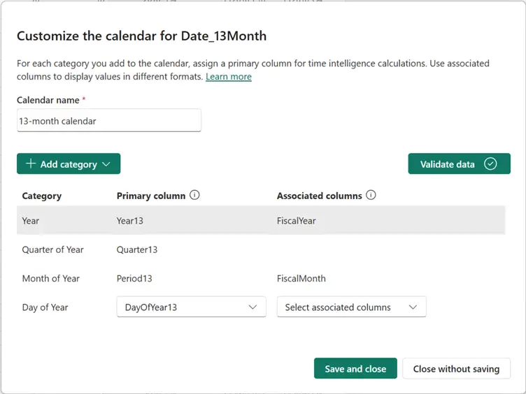 A screenshot showing how to define a 13-month calendar for calendar-based time intelligence