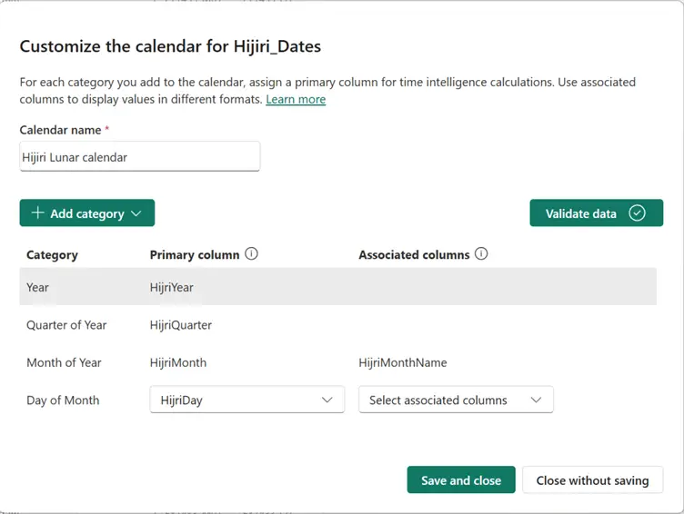 A screenshot showing how to define a Hijiri Lunar calendar for calendar-based time intelligence