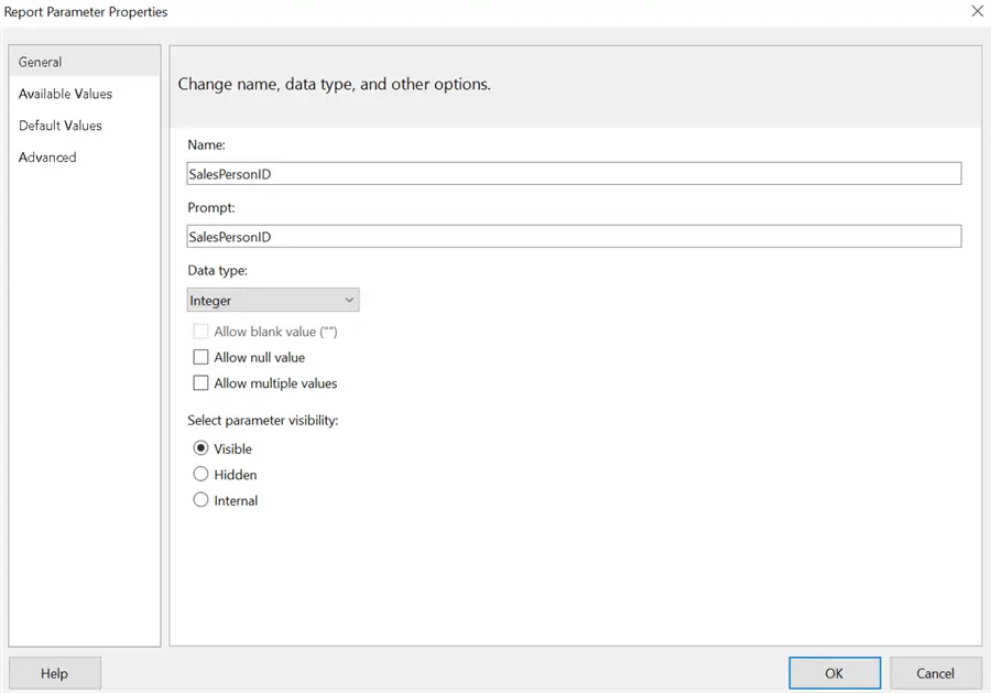Report parameter properties