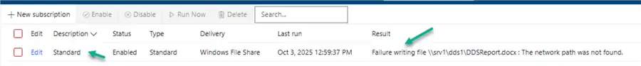 Subscription result - failure