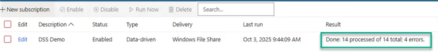 Subscription result - errors