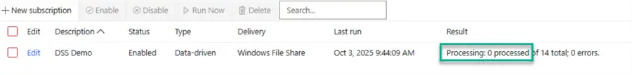 Subscription result - Processing