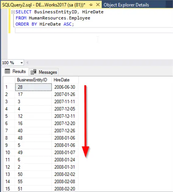 employees ordered from the earliest to latest hire date