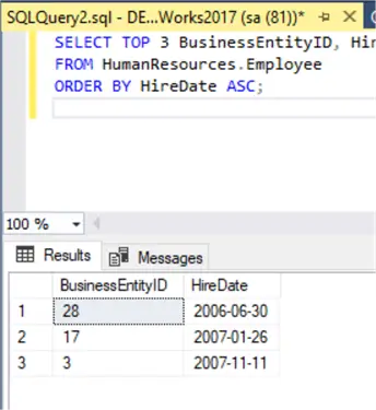 TOP 3 limits the results to only the first three records after sorting