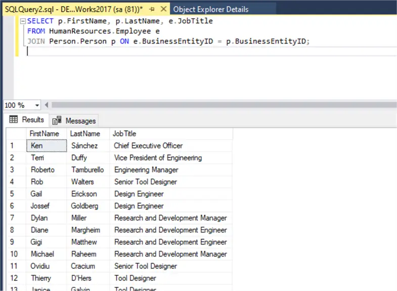 list of employee names alongside their job titles