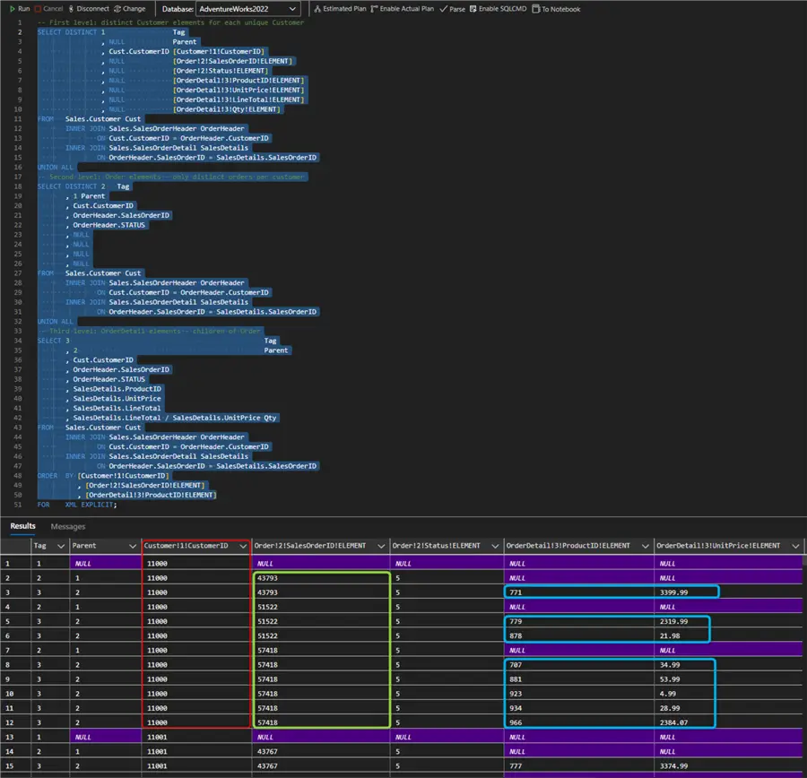 for xml explicit raw result set