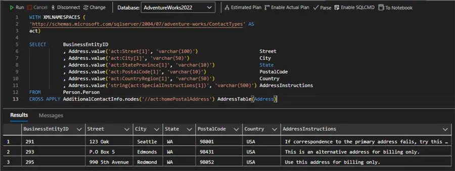 result set querying native xml column using value() and nodes()