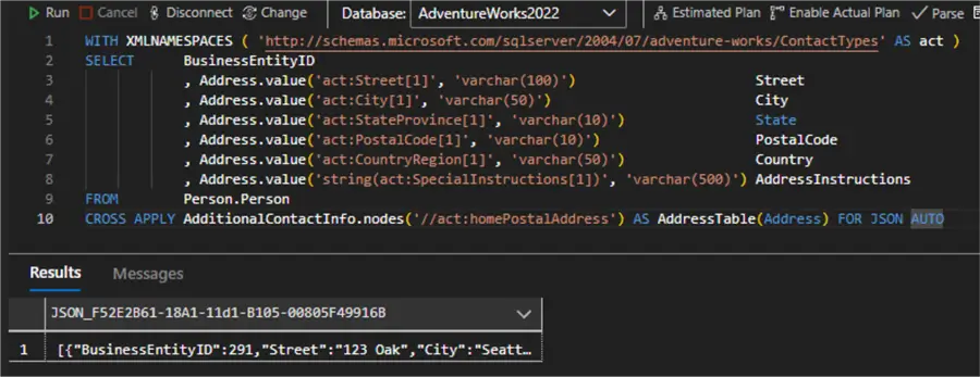 result set xml column to json result set