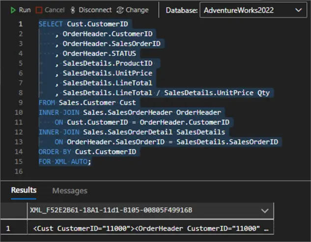 query using for xml auto