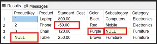 Screenshot showing a sample Products table dataset highlighting data quality issues.