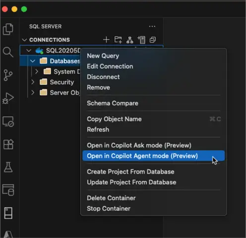 we can ask copilot to create a new database for us