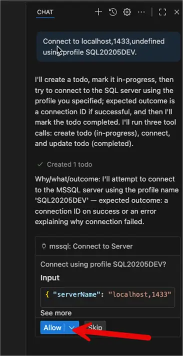 Copilot succesfully connects to our sql instance.