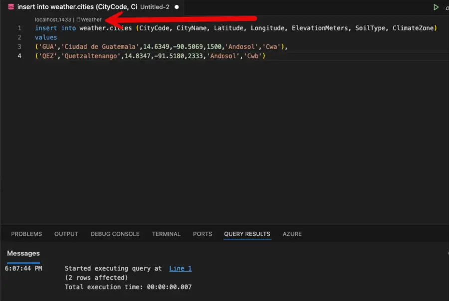 a new query against our new instance and database created
