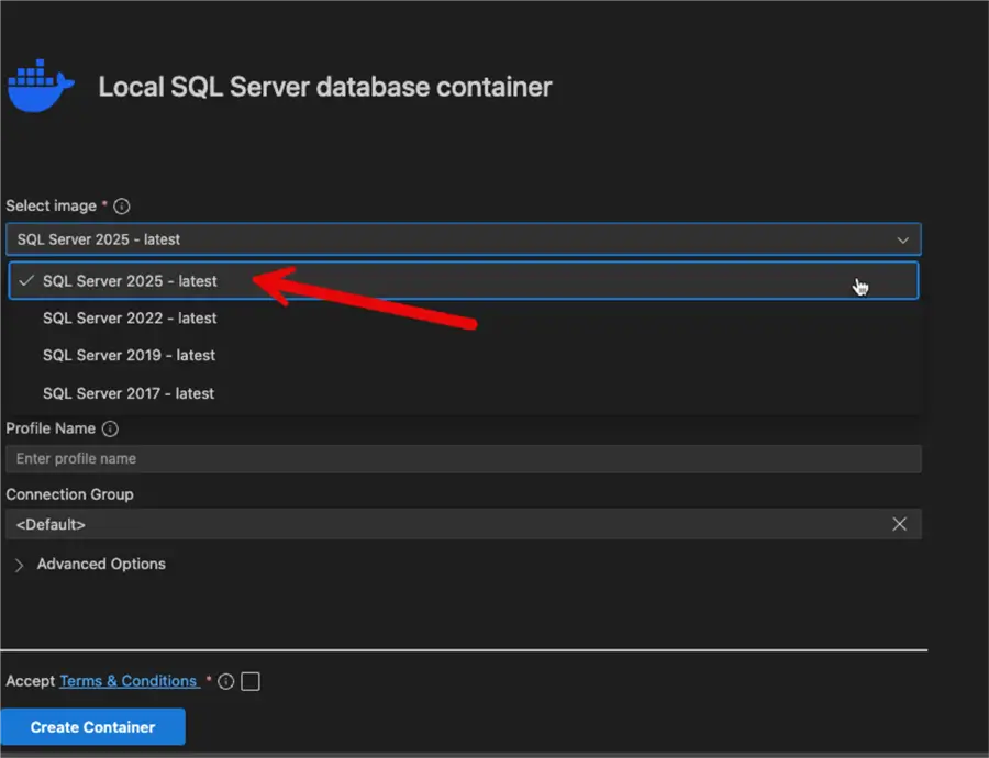 select the sql version you want